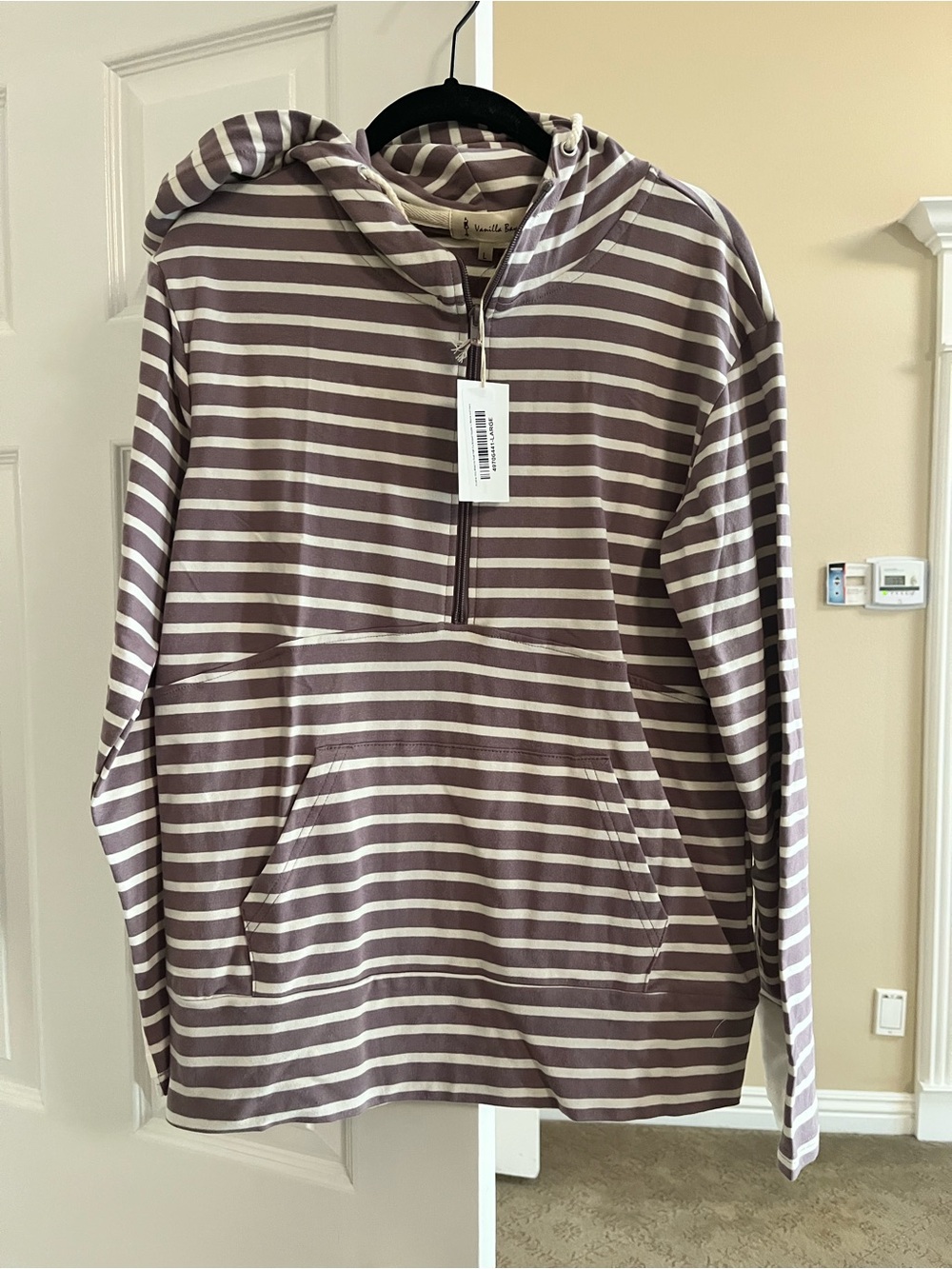 Vanilla Bay Striped Quarter Zip Pullover Hoodie Purple & White Large